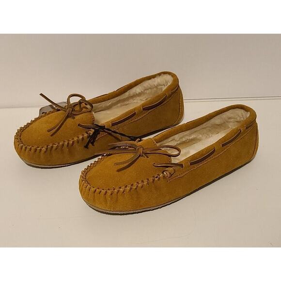 WOMEN'S MINNETONKA LEATHER SUEDE SLIPPERS MOCS FAUX SHEARLING LINING 11M NEW - Picture 3 of 10